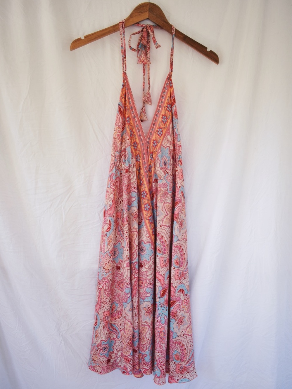 Satin Multi Color Paisley Boho Halter Midi Dress | Size M